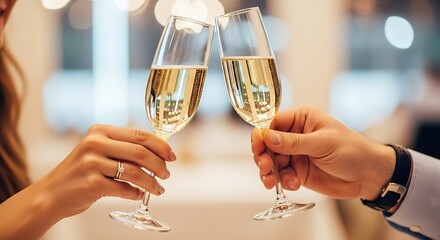 A couple clinks champagne glasses in a toast, celebrating a special occasion with a romantic dinner and a festive atmosphere, creating a memorable moment of joy and togetherness