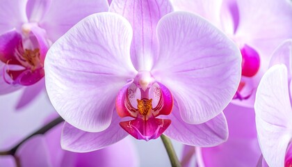 Close-up of a soft pink orchid flower with magenta and orange center, surrounded by other orchids in the background