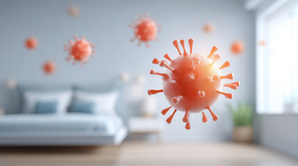 A 3D illustration of virus particles in a well-lit bedroom, emphasizing cleanliness and health awareness.