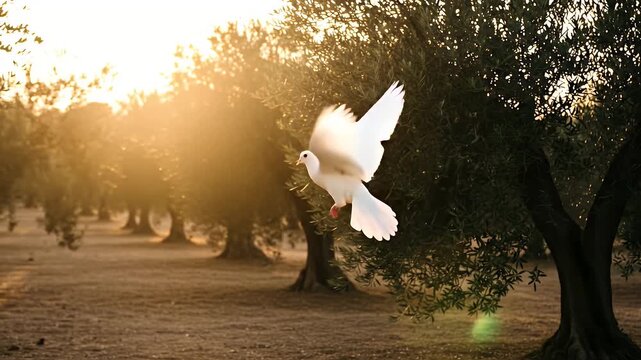 Dove Flying Through Olive Grove at Golden Hour