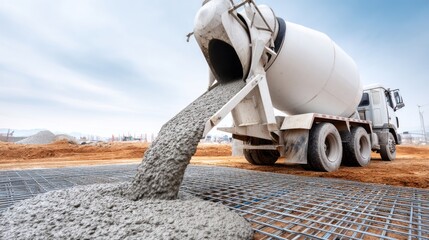 A concrete mixer truck releases a steady flow of wet cement onto a steel mesh framework at a bustling construction site. The scene is set against a backdrop of a bright blue sky and raw earth © liliyabatyrova