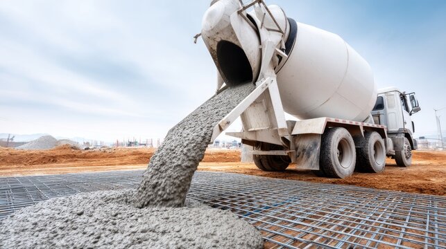 A concrete mixer truck releases a steady flow of wet cement onto a steel mesh framework at a bustling construction site. The scene is set against a backdrop of a bright blue sky and raw earth