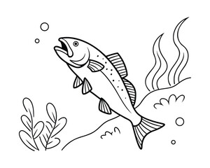 Colorful fish and aquatic life line art illustration