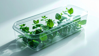 Vibrant green herbs, resembling mint, beautifully preserved in a transparent plastic container, ready for healthy culinary creations, symbolizing freshness and modern food packaging