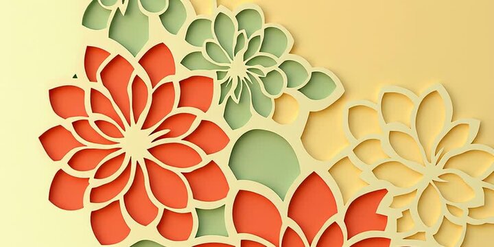 AI-generated animated illustration of a colorful floral  stencil design, in yellow, green and orange