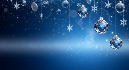 Floating diamond-cut ornaments and snowflakes over deep blue starry sky for luxurious holiday visuals