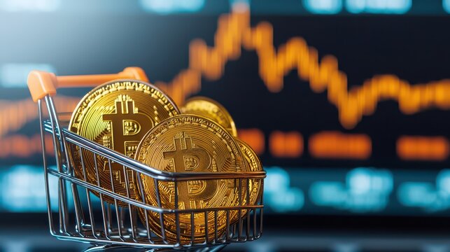 A shopping cart filled with Bitcoin coins, set against a digital backdrop of fluctuating cryptocurrency market graphs.