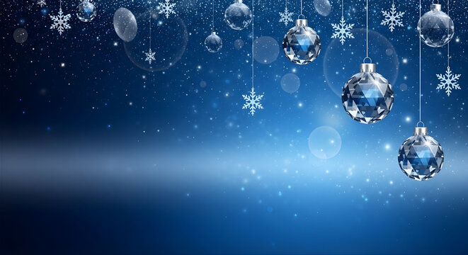 Floating diamond-cut ornaments and snowflakes over deep blue starry sky for luxurious holiday visuals