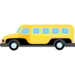 Yellow School Bus Isometric Illustration With Transparent Background And Blue Windows And Black Tires On A White Background