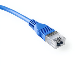 Close-up of a blue Ethernet cable connector, symbolizing connectivity and networking technology in modern life.