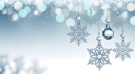 Sparkling crystal snowflakes and ornaments hang gracefully over a soft Light Blue and White Bokeh Background