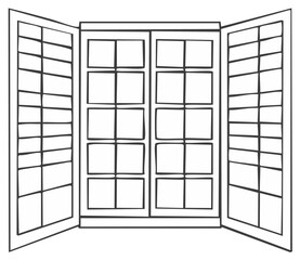Open Window with Shutters Line Art Design, Window Frame with Light Shining Through, Interior View with Shutters