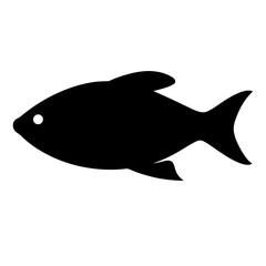 Vector art of a simple black silhouette of a fish with a white eye, isolated on a, representing aquatic life and seafood