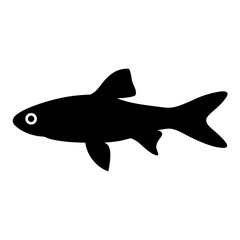 Vector art of a simple black silhouette of a fish with a white eye, isolated on a