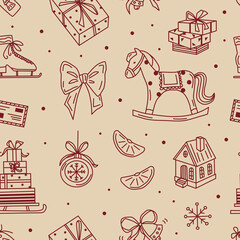 Cute vintage vector seamless pattern with Christmas decorations, toy horse, oranges, small houses, gifts, Christmas tree ornaments. Whimsical doodle elements on warm beige background.