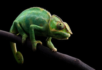 Obraz premium A vibrant green chameleon perched on a branch, showcasing its unique texture and color in a dark background.