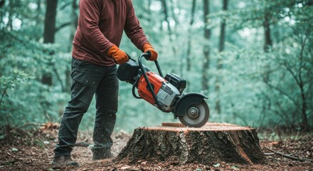 Man in workwear uses motorized stump grinder to remove tree stump in forest. Perfect for landscaping, gardening, and professional services content