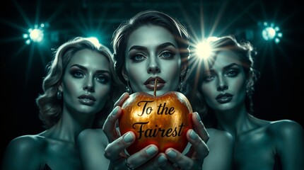 Three glamorous modern goddesses, one holding golden Apple of Discord, symbolic illustration of Greek myth "The Judgement of Paris"