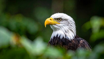 Fototapeta premium Eagle headshot Focused portrait, majestic white head and yellow beak amongst green foliage, sharp eye