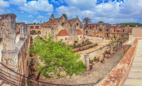 Monastery courtyard garden Arkadi Crete Greece