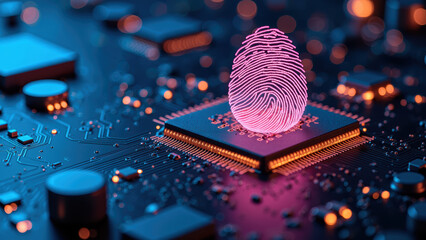 Digital fingerprint technology on microchip, showcasing security and innovation in technology. vibrant colors create futuristic atmosphere