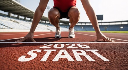 Athlete in starting position on a running track at the "2026 Start" line, symbolizing new year business goals, motivation, and challenges.