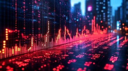 Abstract glowing red graph representing financial data and stock trading analytics in futuristic city background.