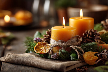 Second Advent Sunday – Two Candles Lit in Traditional Christmas Wreath with Citrus and Pinecones. AI generative.