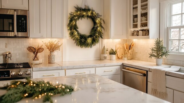 Modern white kitchen with marble island, LED lighting, a gas stove, and festive wreaths with fairy lights, creating a cheerful holiday cooking space