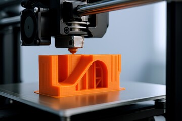 Modern 3D printer meticulously fabricating a vibrant orange prototype, showcasing advanced precision engineering and future manufacturing innovation