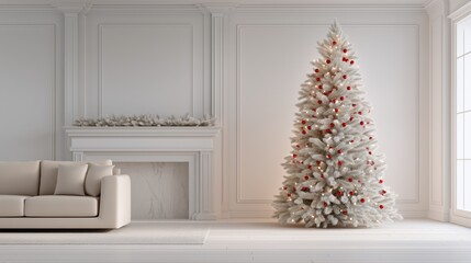 A minimalist living room with a white Christmas tree decorated with red ball ornaments and twinkling lights, a beige sofa, and a large sunlit window with curtains