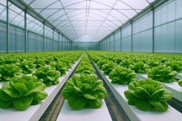 Lush green hydroponic lettuce thrives perfectly within a controlled greenhouse environment, exemplifying sustainable agriculture, fresh food, and innovative farming technology