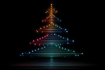 Christmas tree made of colorful lights shines against the dark background.