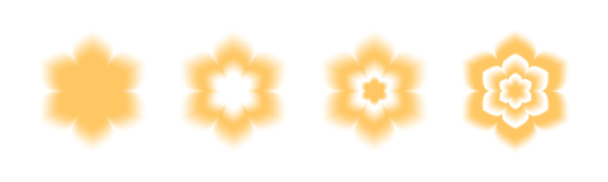 Y2K aura blur flower shapes in soft yellow gradient with glowing edges. Retro aesthetic blossom elements in dreamy nostalgic vibe for early 2000s inspired designs and backgrounds. Blurred blooms.
