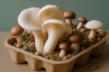 Elegant oyster and earthy brown mushrooms beautifully displayed in a natural recycled pulp container, perfect for organic culinary concepts