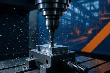 CNC milling machine precisely carves metal component, showering brilliant silver chips in a dark blue high-tech industrial environment