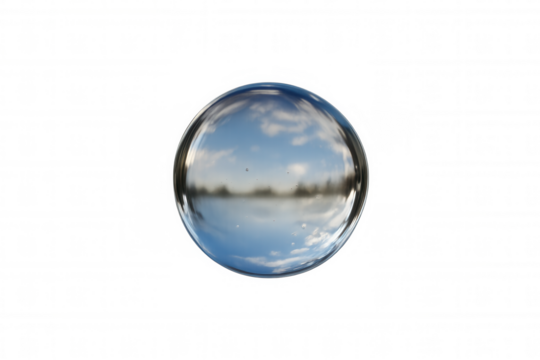 Water drop orb reflecting blue sky with clouds and distant landscape, clean transparent liquid sphere