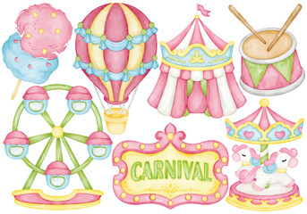 Cute watercolor carnival clip art illustration with ferris wheel carousel circus tent hot air balloon cotton candy carnival sign and drum element in decorative handdrawn festival style