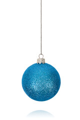 A Christmas decorative tree ornament in the shape of a blue ball on a string, isolated on a transparent background with clipping path. Design element for Christmas card
