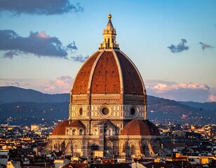 Fototapeta premium A beautiful view of a historical city with a prominent domed structure during the golden hour. The building is magnificent