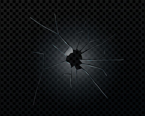 Cracked window glass with hole and bullet impact. Realistic broken mirror texture and transparent shatter pattern. Abstract isolated vector for accident, repair, or destruction themes.