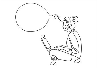 Creative Thinking with Laptop One Line. continuous line drawing. Editable stroke.
