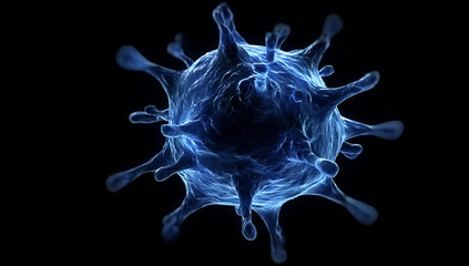 Abstract representation of a virus particle in blue tones, showcasing intricate details and texture against a black background.