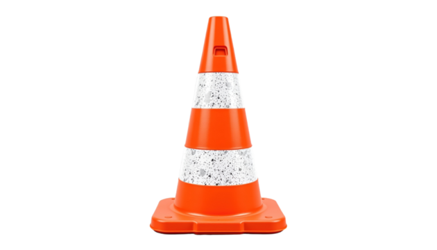 Traffic Cone Alert Urban Road Safety Equipment in Action Outdoor Environment Low Angle Viewpoint Concept of Orange and White