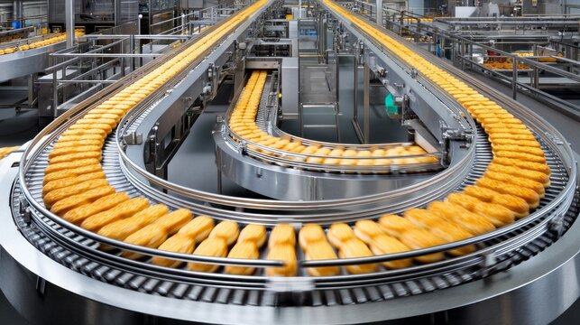 A bustling food factory demonstrates collaborative efforts as workers oversee a conveyor belt filled with hot, freshly baked bread. The environment is clean and organized, promoting teamwork