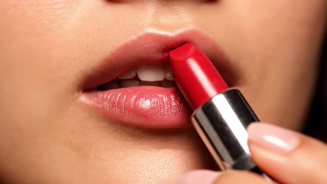 Close up view showcasing application of vibrant red lipstick on lips, highlighting glossy finish and beauty routine, perfect for fashion and cosmetics enthusiasts