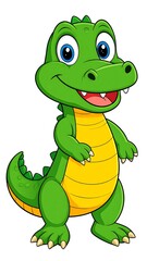 Fototapeta premium A cartoon illustration of a friendly green alligator, smiling with a yellow belly, and white teeth, standing against a plain white backdrop
