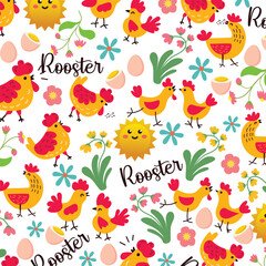 Rooster hen vector seamless pattern design