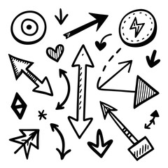 Collection of hand drawn black arrows pointing in all directions