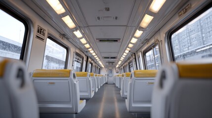 Obraz premium Interior Of An Empty Modern Train Carriage With Yellow Seats. Public Transportation During Off-Peak Hours